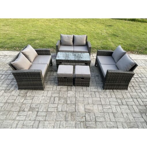 Fimous - Outdoor u Shape Sofa Set Wicker pe Rattan Garden Furniture Set with Coffee Table Double Seat Sofa 2 Small Footstools Dark Grey Mixed