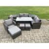 Fimous PE Rattan Garden Furniture Set Outdoor Height Adjustable Rising lifting Dining Table Chair Love Sofa With 2 Side Tables 3 Footstools