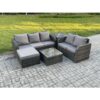 Fimous PE Rattan Garden Furniture Sets 6 Seater Outdoor Lounge Sofa Set Square Coffee Table Big Footstool Side Table