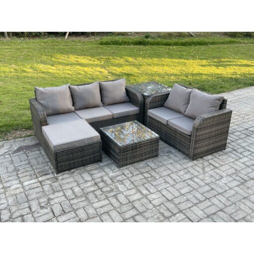 Fimous PE Rattan Garden Furniture Sets 6 Seater Outdoor Lounge Sofa Set Square Coffee Table Big Footstool Side Table