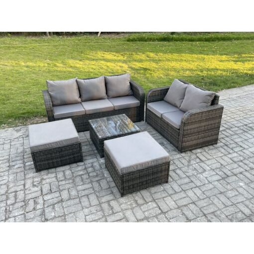 Fimous PE Rattan Garden Furniture Sets 7 Seater Outdoor Lounge Sofa Set Square Coffee Table 2 Big Footstool