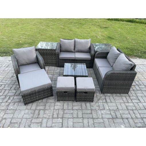 Fimous PE Rattan Garden Furniture Sets Outdoor Love Sofa Chair Set Square Coffee Table 2 Side Tables 3 Footstools