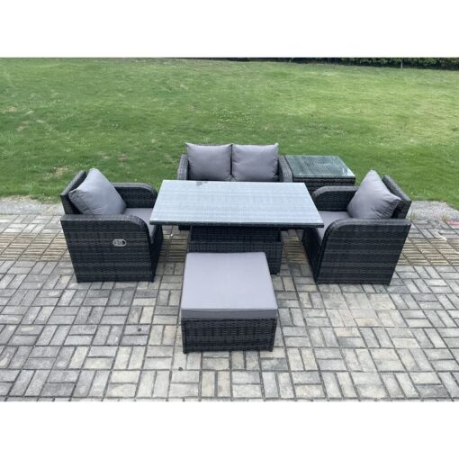 Fimous PE Rattan Outdoor Garden Furniture Set Height Adjustable Rising lifting Dining Table Love Sofa With Side Table Chair Big Footstool