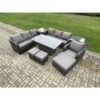 Fimous PE Rattan Outdoor Garden Furniture Sets Height Adjustable Rising lifting Dining Table Sofa Set with 2 Side Tables Reclining Chair 3 Footstools