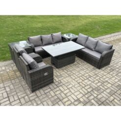 Fimous PE Rattan Outdoor Garden Furniture Sets Height Adjustable Rising lifting DiningTable Sofa Set with Reclining Chair 2 Side Tables Dark Grey