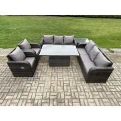 Fimous PE Rattan Outdoor Garden Furniture Sets Height Adjustable Rising lifting DiningTable Sofa Set with Reclining Chair Side Table Dark Grey Mixed