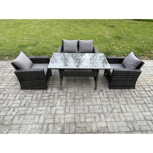 Fimous PE Wicker Outdoor Garden Furniture Set Patio Furniture Rattan Rectangular Dining Table Lounge Sofa Dark Grey Mixed