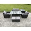 Fimous PE Wicker Outdoor Garden Furniture Set Patio Furniture Rattan Rectangular Dining Table Lounge Sofa with Side Table 2 Small Footstool