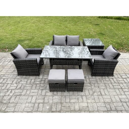 Fimous PE Wicker Outdoor Garden Furniture Set Patio Furniture Rattan Rectangular Dining Table Lounge Sofa with Side Table 2 Small Footstool