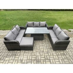 Fimous - Patio Garden Dining Set Outdoor Rattan Furniture Lounge Sofa Height Adjustable Rising lifting Table With Big Footstool Dark Grey Mixed