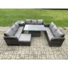 Fimous - Patio Garden Dining Set Outdoor Rattan Furniture Lounge Sofa Height Adjustable Rising lifting Table With Side Table Big Footstool Dark Grey