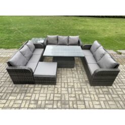 Fimous - Patio Garden Dining Set Outdoor Rattan Furniture Lounge Sofa Height Adjustable Rising lifting Table With Side Table Big Footstool Dark Grey