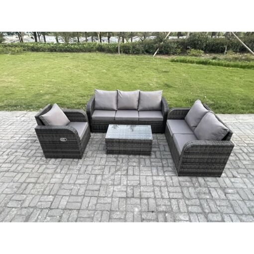 Fimous Patio Garden Furniture Sets Wicker 6 Seater Outdoor Rattan Furniture Sofa Sets with Rectangular Coffee Table Reclining Chair Loveseat Sofa 3