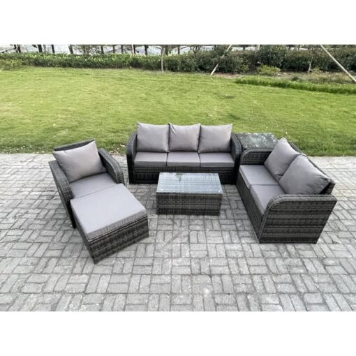 Fimous Patio Garden Furniture Sets Wicker 7 Seater Outdoor Rattan Furniture Sofa Sets with Rectangular Coffee Table Reclining Chair 3 Seater Sofa Big