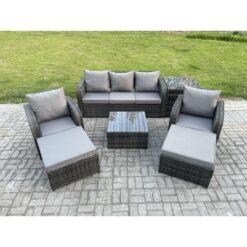 Fimous Patio Garden Furniture Sets Wicker 7 Seater Outdoor Rattan Furniture Sofa Sets with Square Coffee Table Side Table 2 Big Footstool