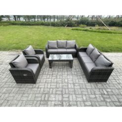 Fimous Patio Garden Furniture Sets Wicker 8 Seater Outdoor Rattan Furniture Sofa Sets with Rectangular Coffee Table Reclining Chair