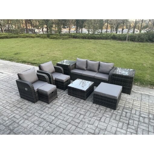 Fimous Patio Garden Furniture Sets Wicker 8 Seater Outdoor Rattan Furniture Sofa Sets with Square Coffee Table 2 Side Tables 3 Footstools