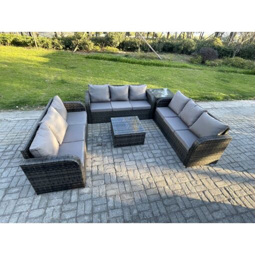 Fimous Patio Garden Furniture Sets Wicker 9 Seater Outdoor Rattan Furniture Sofa Sets with Square Coffee Table Side Table