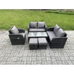 Fimous Patio Garden Furniture Sets Wicker Outdoor Rattan Furniture Sofa Sets with Rectangular Coffee Table Love seat Sofa 2 Small Footstools