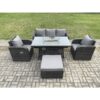 Fimous Patio Outdoor Rattan Garden Furniture Set Propane Gas Fire Pit Table Burner with Lounge Sofa Footstool