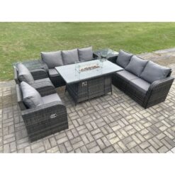 Fimous - Patio Rattan Garden Furniture Set with Fire Pit Table,Chair and Side Table 8 Seater Outdoor Indoor Lounge Sofa Set Dark Grey Mixed