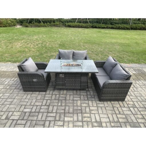 Fimous - Patio Rattan Garden Furniture Set with Gas Fire Pit Dining Table Indoor Outdoor 4 piece Love Sofa set