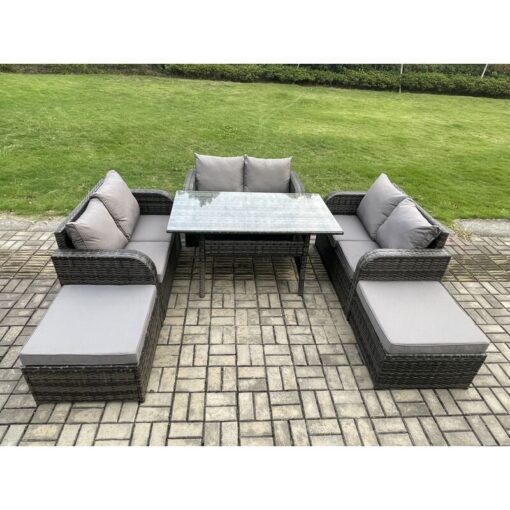 Fimous Patio Rattan Garden Furniture Set with Oblong Rectangular Dining Table 2 Big Footstool 8 Seater Outdoor Lounge Loveseat Sofa Set Dark Grey