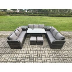 Fimous Patio Rattan Garden Furniture Set with Oblong Rectangular Dining Table 2 Small Footstools 2 Side Table 11 Seater Outdoor Lounge Sofa Set Dark