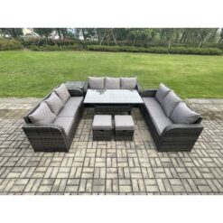 Fimous Patio Rattan Garden Furniture Set with Oblong Rectangular Dining Table 2 Small Footstools Side Table 11 Seater Outdoor Lounge Sofa Set Dark