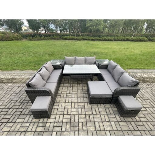 Fimous Patio Rattan Garden Furniture Set with Oblong Rectangular Dining Table 3 Footstools 2 Side Table 12 Seater Outdoor Lounge Sofa Set Dark Grey