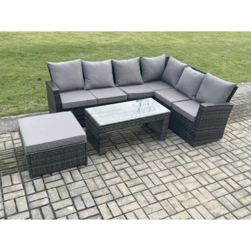 Fimous - Rattan Corner Sofa Garden Furniture Set with Big Footstool Rectangular Coffee Table with Cushion Dark Grey Mixed