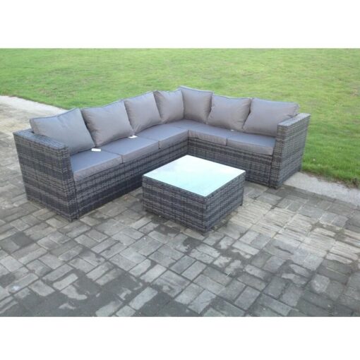 Fimous - Rattan Corner Sofa Set Square Coffee Table Outdoor Garden Furniture In Dark Grey Mix 6 Seater With Seat And Back Cushion Left Corner