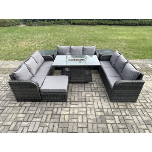 Fimous - Rattan Furniture Garden Dining Set Gas Fire Pit Table With 2 Side Tables Lounge Sofa Big Footstool Dark Grey Mixed