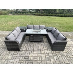 Fimous - Rattan Furniture Garden Dining Set Gas Fire Pit Table With 2 Side Tables Lounge Sofa Dark Grey Mixed