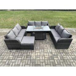 Fimous - Rattan Furniture Garden Dining Set Gas Fire Pit Table With 3 Seater Sofa Footstool Dark Grey Mixed