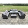 Fimous - Rattan Furniture Garden Dining Set Gas Fire Pit Table With Lounge Sofa 2 Small Footstools Dark Grey Mixed