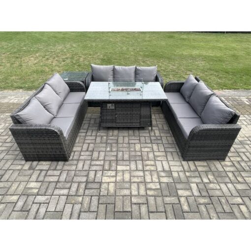 Fimous - Rattan Furniture Garden Dining Set Gas Fire Pit Table With Side Table 3 Seater Sofa Dark Grey Mixed