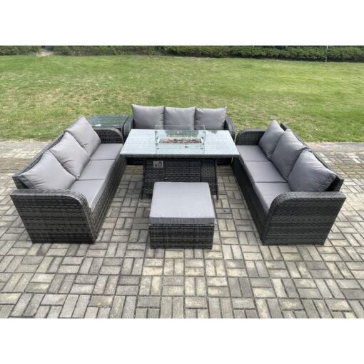 Fimous - Rattan Furniture Garden Dining Set Gas Fire Pit Table With Side Table 3 Seater Sofa Footstool Dark Grey Mixed