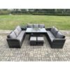 Fimous - Rattan Furniture Garden Dining Set Gas Fire Pit Table With Side Table Lounge Sofa 2 Small Footstools Dark Grey Mixed