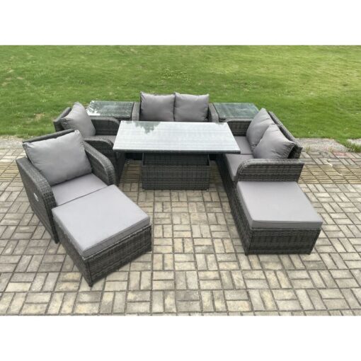 Fimous - Rattan Furniture Garden Dining Sets Outdoor Height Adjustable Rising lifting Table Love Sofa Chair With 2 Side Tables 2 Footstools