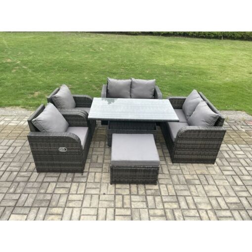 Fimous Rattan Furniture Outdoor Garden Dining Set Patio Height Adjustable Rising lifting Table Love Sofa Chair With Big Footstool