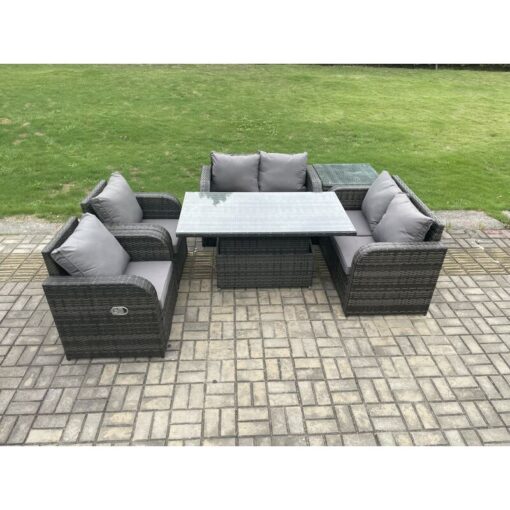 Fimous Rattan Furniture Outdoor Garden Dining Set Patio Height Adjustable Rising lifting Table Love Sofa Chair With Side Table