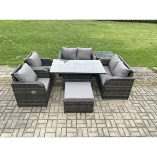 Fimous - Rattan Furniture Outdoor Garden Dining Set Patio Height Adjustable Rising lifting Table Love Sofa Chair With Side Table Big Footstool