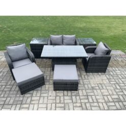 Fimous Rattan Furniture Outdoor Garden Dining Sets Patio Height Adjustable Rising lifting Table Love Sofa Chair Set With 2 Side Tables Stools