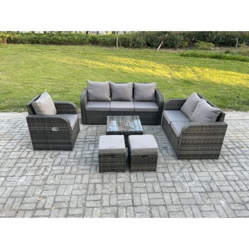 Fimous Rattan Garden Furniture 6 Piece Patio Set With Table Sofa Square Coffee Table Reclining Chair Love seat sofa 2 Small Footstools