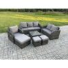 Fimous Rattan Garden Furniture 7 Piece Patio Set With Table Sofa Square Coffee Table Reclining Chair Love seat sofa Side 3 Seater Sofa 3 Footstools