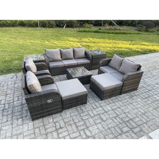 Fimous Rattan Garden Furniture 9 Piece Patio Set Table Sofa Chairs With 2 Big Footstool 2 Side Tables