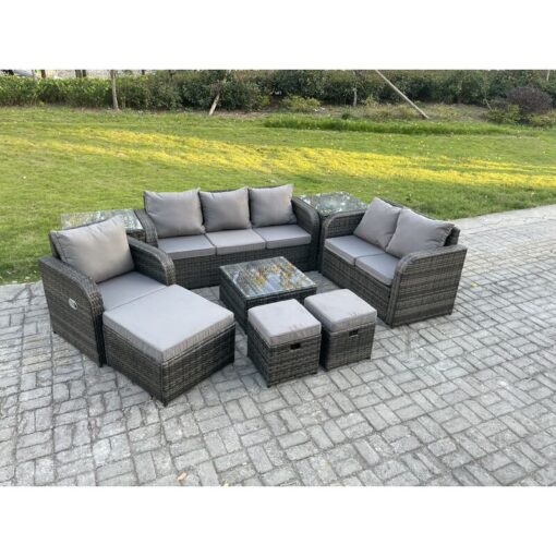 Fimous Rattan Garden Furniture 9 Piece Patio Set With Table Sofa Square Coffee Table Reclining Chair Loveseat sofa Side 3 Seater Sofa 3 Footstools 2