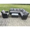 Fimous Rattan Garden Furniture Corner Sofa Set 4 Pieces Outdoor Patio Sofa Chair Table Set with Rectangular Coffee Table Dark Grey Mixed