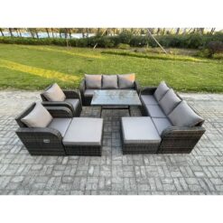 Fimous Rattan Garden Furniture Dining Set 10 seater Patio Rectangular Table 2 Big Footstool Dark Grey Mixed